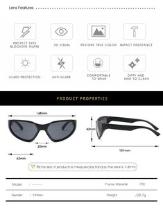 Detailed dimensions of the sporty cat-eye half-frame sunglasses weighing 28.7 grams