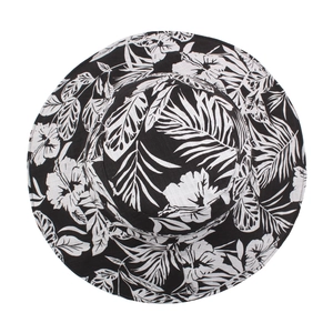 Wide brim sun hat with reversible solid black and tropical floral print design