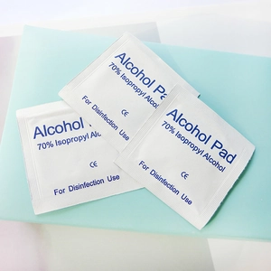 Detailed view of individual sterile alcohol prep pads with 70% isopropyl alcohol for cleaning