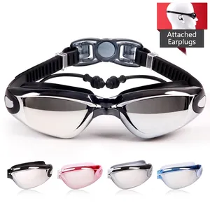 Professional anti-fog mirrored swimming goggles for adults with integrated earplugs