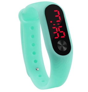 Detail of mint green silicone sport watch with red LED digital display and metal button