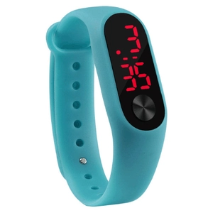 Detail view of cyan silicone LED sports bracelet with red digital display and CD texture button