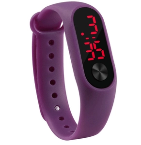 Detail view of the purple adjustable silicone strap and LED digital screen on the sport watch