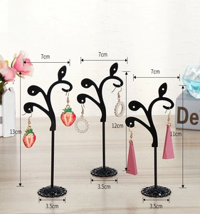 Three sizes of black metal jewelry stands with dimensions 13cm, 12cm, and 11cm height