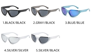 Close-up of five color variants for sports sunglasses with futuristic cat-eye semi-frames