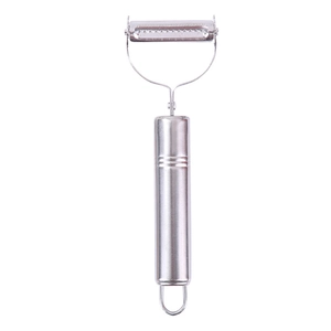 Stainless steel dual-head peeler with serrated blade and metal handle for kitchen use