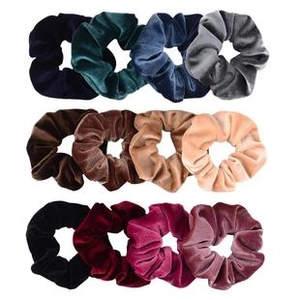 Detailed grid layout of twelve colorful velvet scrunchies in various soft fabric shades