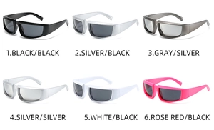 Detailed grid view showing six color variations of futuristic wrap-around sport sunglasses