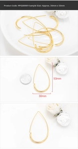 Detail view of large gold teardrop earrings with dimensions 53mm height and 30mm width