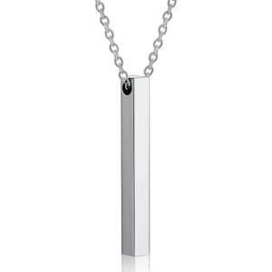 Macro shot of a polished silver rectangular bar pendant on a stainless steel fine chain