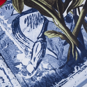 Macro shot of 130cm twill silk scarf fabric with floral and butterfly printing detail