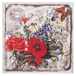 130cm large square scarf with butterfly, peony floral print on vintage parchment background