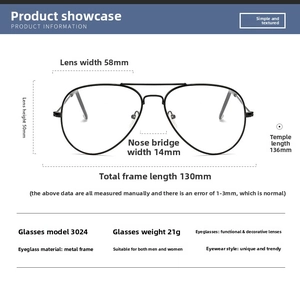 Detailed dimension guide for black metal aviator glasses frame with 130mm width
