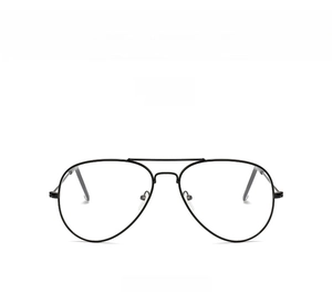 Front view of black double-bridge aviator metal glasses frames with clear lenses