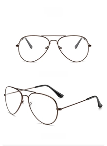 Detail of bronze aviator metal eyeglass frames showing front and side views
