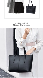 Detailed model show of a minimalist black large capacity tote bag with long handles