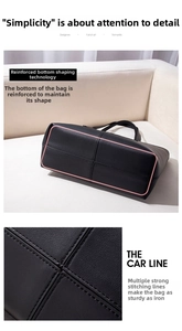 Close-up of reinforced bottom and solid stitching on this black leather tote bag