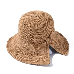 Women's summer khaki straw hat with wide brim, ribbon bow and open back ponytail design