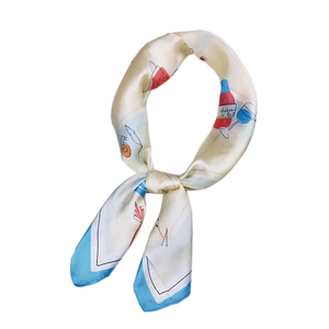 Elegant silk scarf with artistic bottle print and contrast blue borders for women