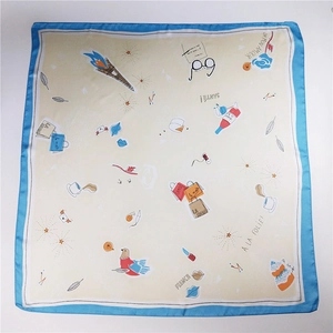 French style square silk scarf in beige with blue border and Eiffel Tower illustrations