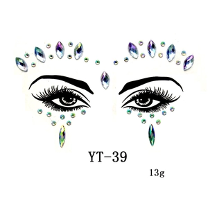 Close-up of YT-39 colorful acrylic face jewels sticker for masquerade party makeup