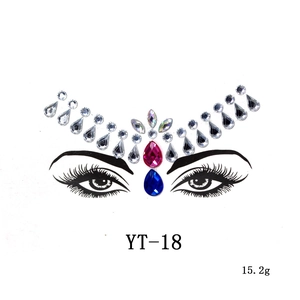 Detail of crystal forehead sticker YT-18 with sparkling pink and blue rhinestones