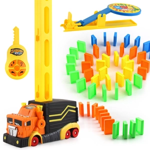 Detail view of electric domino train set with RC remote, colorful blocks and launch ramp