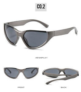 Three-way view of futuristic metallic grey sports sunglasses with dark grey lenses