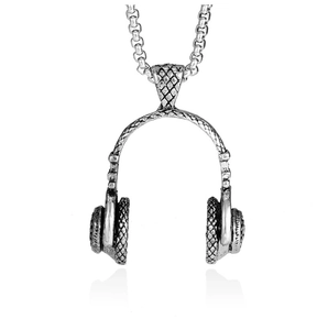Detailed close-up of a silver headphone pendant with box chain over a white reflection