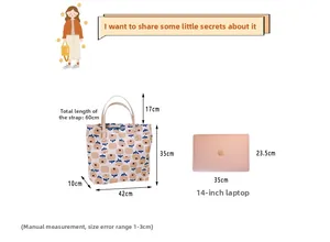 Size comparison of floral cotton tote bag showing a laptop and specific dimensions