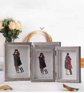 Three-fold wooden photo frame detail with 5x7 and 4x6 inch size markings and hinges