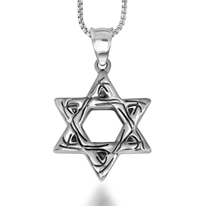 Star Of David Pendant Necklace Titanium Steel Hollow Hexagram Vintage Textured Pattern Jewelry For Men Women