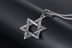 Close-up of vintage silver star of David pendant with thorn pattern on black background