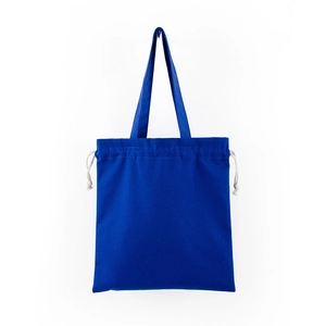 Close-up of blue canvas drawstring bag featuring sturdy cream cotton ropes and texture