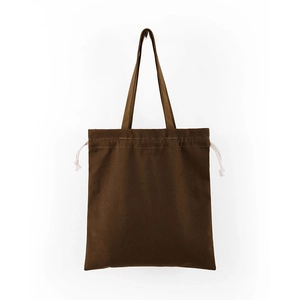 Detail view of a dark brown canvas tote bag with beige drawstrings on white background