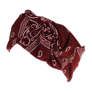 Detail of burgundy paisley print headband with twisted knot design and cotton fabric