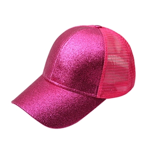 Hot pink sequin mesh baseball cap with ponytail hole and breathable back panels
