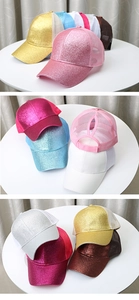Detail view of colorful sequin baseball caps showing mesh panels and ponytail opening