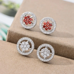 Sparkling zircon flower stud earrings in red and white crystals with micro-pave setting