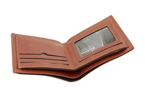 Brown lychee texture leather wallet showing interior card slots and orange contrast stitching