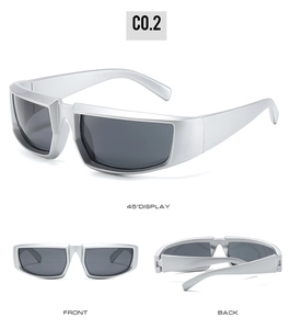 Multiple views of matte silver futuristic cycling sunglasses with streamlined grey lenses