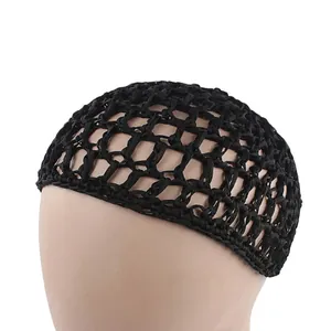 Detail of black handmade crochet hair net with intricate hollow knit pattern on a mannequin
