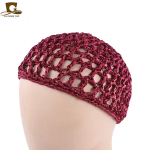 Detail of burgundy crochet mesh hairnet with thick rope hand-woven diamond pattern