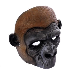 Detailed realistic gorilla mask side view showing brown fur texture and skin wrinkles