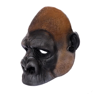 Detailed view of hyper-realistic gorilla mask skin texture and ear structure in PU foam