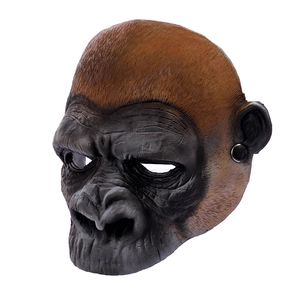 Macro detail of gorilla mask showing realistic fur texture and skin folds in dark grey