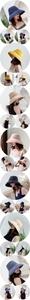 Detail of wide brim sun hats in various colors with metallic buckle and linen texture