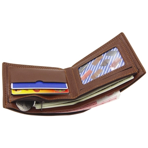 Brown men's bifold wallet in lychee texture PU leather with coin pocket and card slots