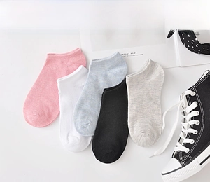 Flat lay of five assorted candy-colored cotton no-show socks for women on white surface