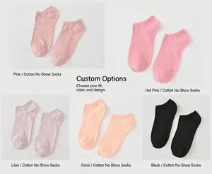 Detail view showing five candy-colored cotton blend ankle socks in pink, purple and black